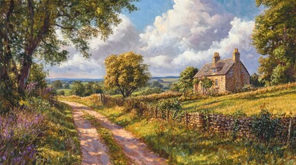 Obraz premium Country lane winding through lush greenery toward a charming stone house, framed by vibrant trees and a scenic countryside backdrop, rural, tranquility, landscape, nature, travel.