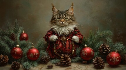 Obraz premium Cat in Red Dress Surrounded by Christmas Ornaments and Greenery