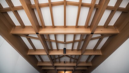 Fototapeta premium Modern wooden ceiling design showcasing intricate beams and patterns, illuminated by minimalistic hanging lights, creating a serene atmosphere.