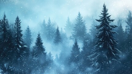 Mysterious winter pine forest with ethereal fog and falling snow creating a tranquil dreamlike atmosphere in nature