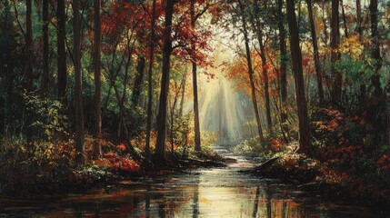 Obraz premium Sunlight filters through autumn trees casting warm hues on a tranquil creek surrounded by vibrant red and green foliage in a serene forest setting