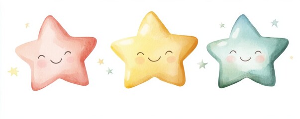 Cute watercolor cartoon stars in minimalist style on white background. Adorable, pastel colors.