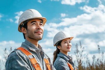 Construction Workers in Hard Hats Smiling Engineers Architects in Workwear Under Bright Blue Sky