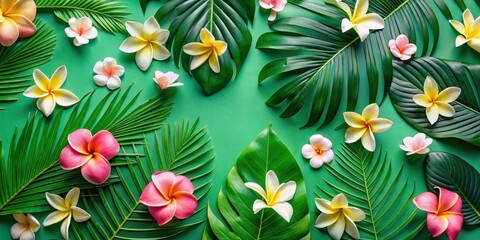 Tropical Floral Composition Vibrant Plumeria Blooms and Lush Palm Leaves on a Lush Green Background