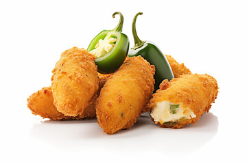 Freshly cooked and perfectly fried jalapeno poppers displayed on a white background, highlighting their crispy golden texture and deliciously appetizing appearance, for photography and culinary themes