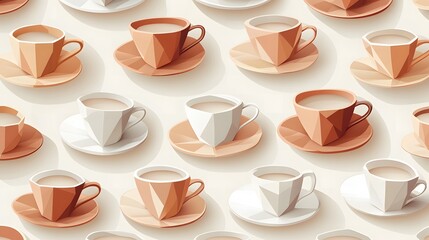 Geometric Pattern of Various Coffee Cups on Saucer with Minimalist Style in Soft Earth Tones for a Contemporary Kitchen or Dining Room Decor