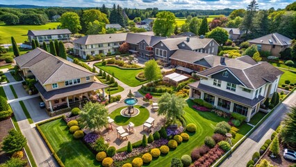 Drone Photography of Elderly Care Homes: Aerial View Showcasing Compassionate Care, Safe Spaces, and Community Engagement for Seniors in a Serene Environment