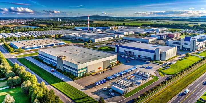 Drone Photography Showcasing the Differences Between OEM, ODM, and OBM Manufacturing Models in a Modern Industrial Setting