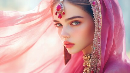 Fototapeta premium Graceful woman wearing a pink headscarf with red gemstones and traditional jewelry, set against a soft pastel backdrop.
