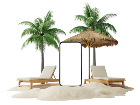 Empty smartphone screen on tropical beach with umbrella, sunbeds, and sand, isolated on transparent cutout background
 - Powered by Adobe