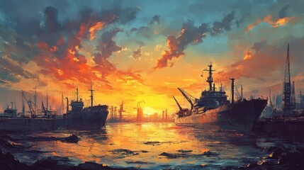 Naklejka premium Vibrant sunset over a busy port showcasing heavy industry with ships and cranes reflecting on serene waters