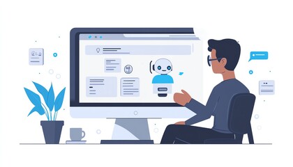AIpowered customer support chatbot interface displayed on a computer screen, business professional interacting with the system, sleek modern design, userfriendly interface