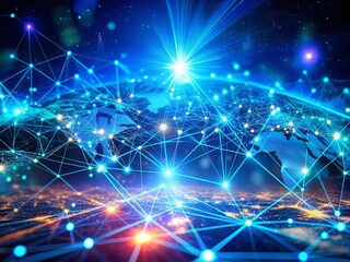 Fototapeta premium Dynamic Digital Cyberspace with Particles and Data Network Connections Representing Data Analysis Technology in a Blue Plexus Abstract Background for Modern Innovations