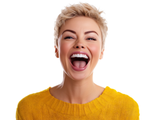 Cheerful young woman with short blonde hair laughing joyfully, wearing a yellow sweater, isolated on transparent cutout background