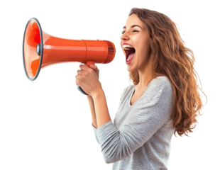 Smiling woman enthusiastically shouting into a bright orange megaphone, isolated on transparent cutout background
