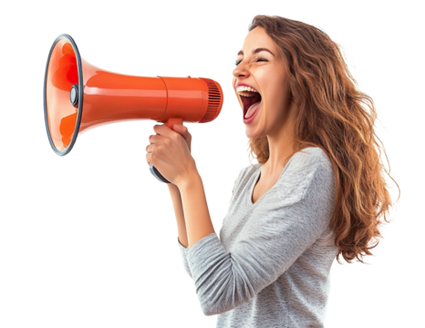 Smiling woman enthusiastically shouting into a bright orange megaphone, isolated on transparent cutout background
