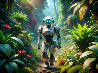 Fototapeta premium Dynamic Jungle Exploration: A Robot's Adventure in Nature - Captivating 4K Animation of Technology Interacting with Lush Greenery and Wildlife in a Vibrant Ecosystem