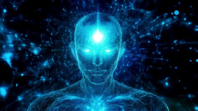 Enlightened digital being with radiant third eye glowing in blue energy amidst a network of interconnected light and cosmic patterns