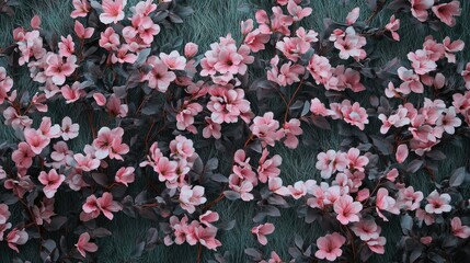 Fototapeta premium Artificial pink flowers decoratively arranged on a lush grass wall creating a vibrant and nature-inspired backdrop for design projects