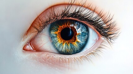 Hyper-realistic human eye with bright hues in the iris and detailed veins, placed on a smooth white backdrop.