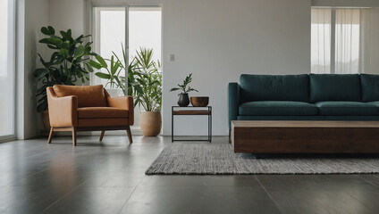 Modern Living Room with Teal Sofa, Leather Armchair, and Potted Plants