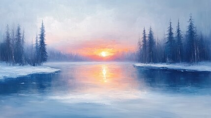 Fototapeta premium Serene Winter Sunset over Frozen Lake and Snow-Covered Pines