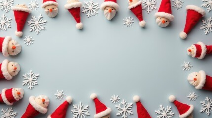 Festive Christmas Border of Santa Figurines, Snowflakes, and Hats
