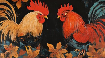 Fototapeta premium vibrant closeup of two colorful cockerels with striking feathers set against a dark background and floral elements in a market scene
