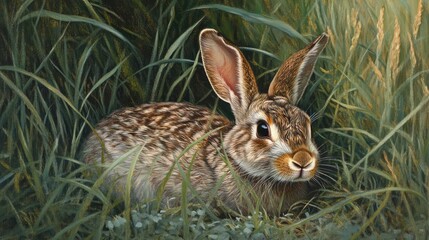 Obraz premium Eastern cottontail rabbit camouflaged in lush green grass in a natural habitat setting