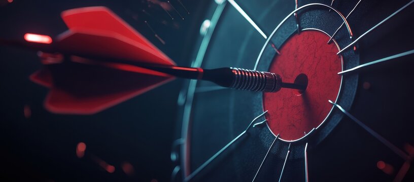 A closeup view of a red dart embedded perfectly in the center of a dartboard, which symbolizes the essence of precision and the achievement of goals, emphasizing focus and dedication