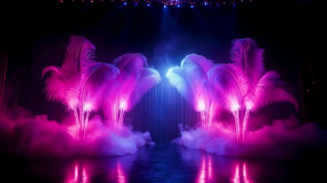 Luminous pink and purple feather plumes with glowing lights and atmospheric smoke framing a dramatic burlesque stage with elegant velvet curtains and opulent design