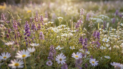 Obraz premium A close-up of a wildflower meadow with small delicate flowers in shades of purple, white, and yellow. 