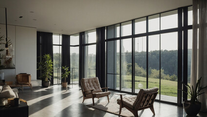 Modern Living Room with Expansive Window Views of Wooded Area