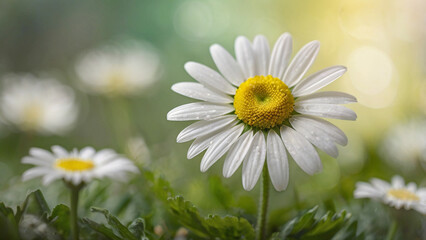 Fototapeta premium A detailed image of a single daisy with a perfect round yellow center and white petals, surrounded by soft bokeh of greens and soft hues in the background.