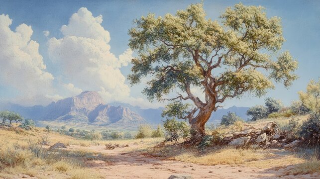 Prosopis Cineraria tree landscape highlighting medicinal uses and natural habitat under a clear blue sky with distant mountains and lush greenery