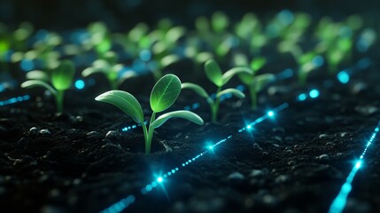 A photo of small plants growing in dark, rich soil. The ground should be crisscrossed with glowing neon-blue lines resembling a digital network or energy grid, with a futuristic technological vibe.