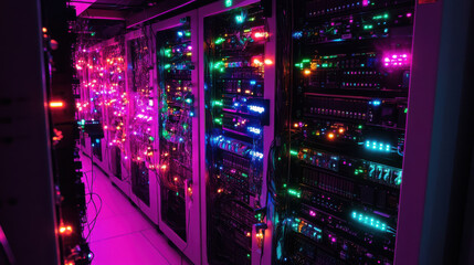 High tech server room with illuminated network equipment and vibrant lights