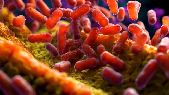 Detailed close-up of vibrant red bacteria interacting with colorful microvilli structures in a complex microscopic environment