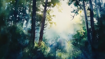 Obraz premium Serene watercolor forest scene with vibrant greens and soft light illuminating a magical woodland atmosphere for artistic inspiration.