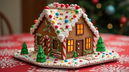 A Detailed Gingerbread House with Colorful Candies and Christmas Trees