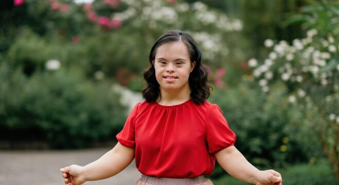 Young woman with down syndrome enjoying a garden surrounded by blossoming flowers