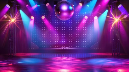 A concert stage of the 70s disco era with a shimmering disco ball and neon lights.