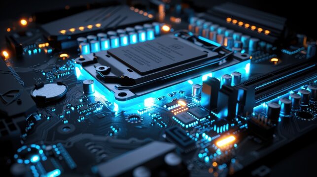 A computer motherboard with a blue light shining on it's side and a black background cinema 4 d a 3d render computer art
