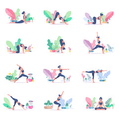 Yoga poses feamale figures and flowers vector design