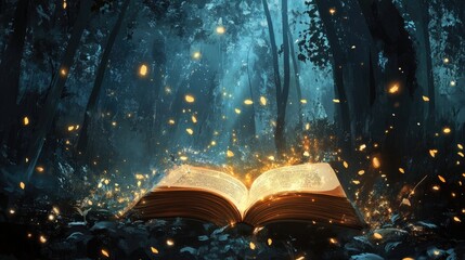 Magical open book in enchanted forest with glowing text and mystical lights illustrating a captivating short story atmosphere © Holo Frame