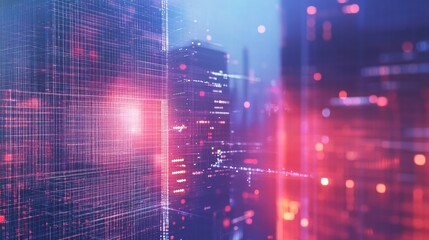 Obraz premium Glowing polygonal mesh overlay on vibrant urban skyline representing smart city technology and double exposure concept.