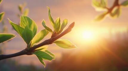 Golden Hour Spring: New Life Emerging at Sunrise with Vibrant Green Leaves Backlit by the Sun