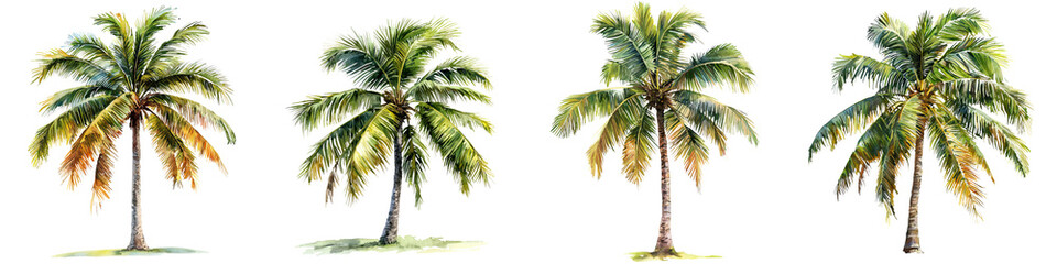 Obraz premium Four coconut palm trees with lush green fronds, showcasing varying heights and arrangements, emphasizing tropical aesthetics.
