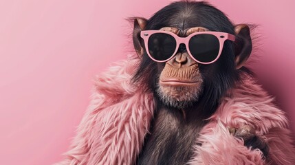 A cool monkey in stylish sunglasses and pink fur coat, posing in front of a pink background