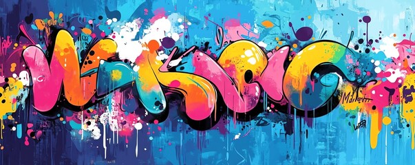 Obraz premium Vibrant graffiti wall with bold cartoon anime characters, colorful street art style, dynamic poses and graffiti lettering, urban aesthetic, energetic atmosphere